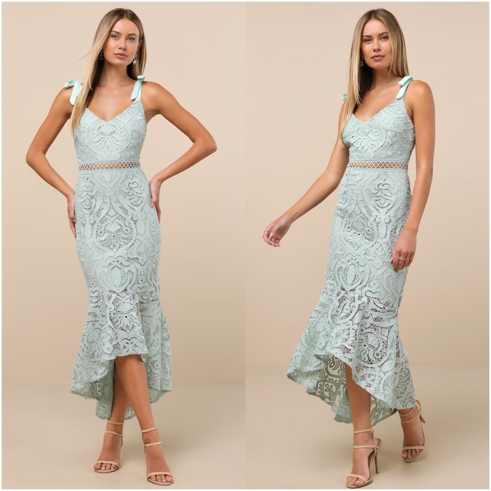 Lulu’s Won Your Heart Sage Green Lace Tie-Strap High-Low Midi Dress